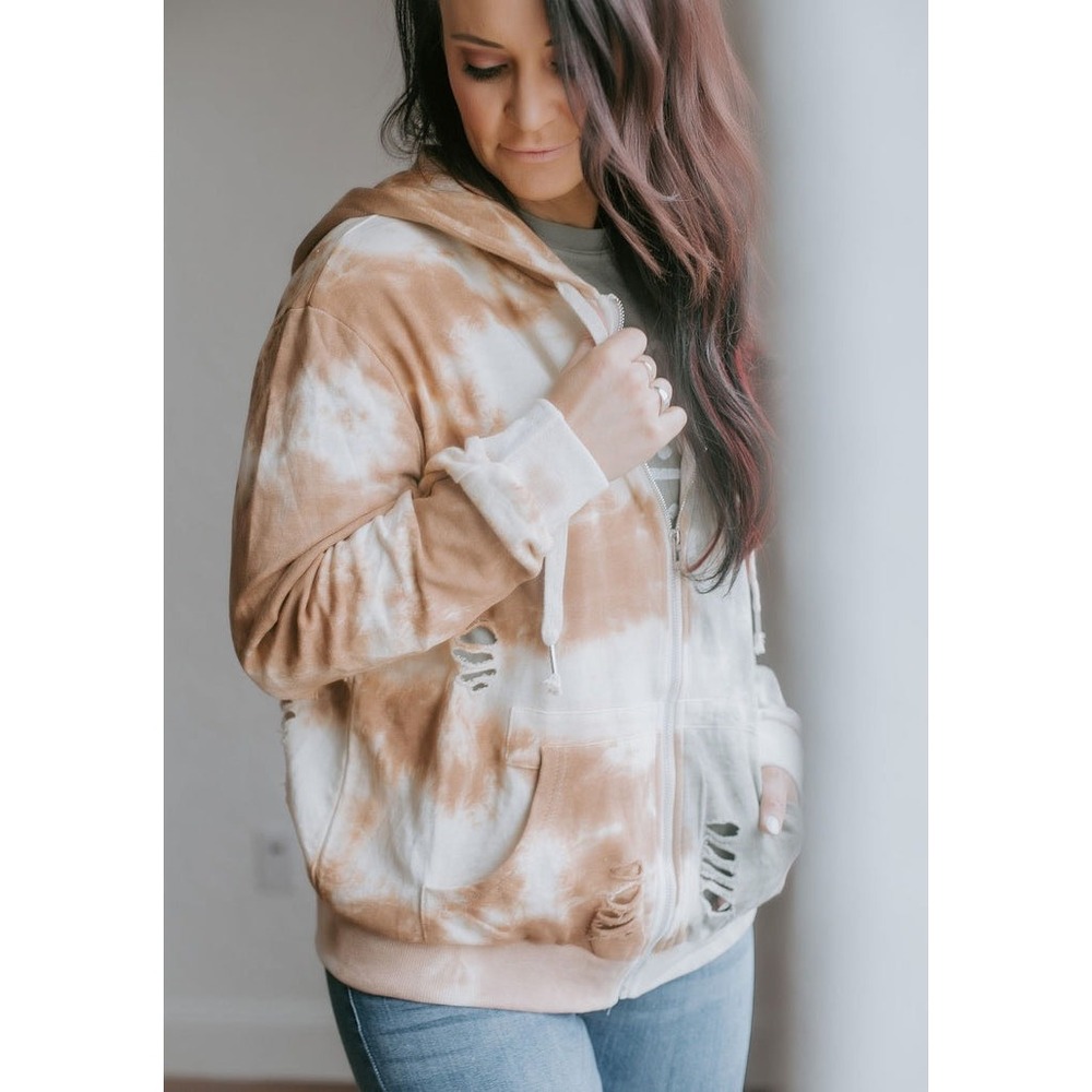 POL Distressed Tie Dye Zip Up Hoodie Tan Cream Shredded Sweatshirt Grunge Boho M